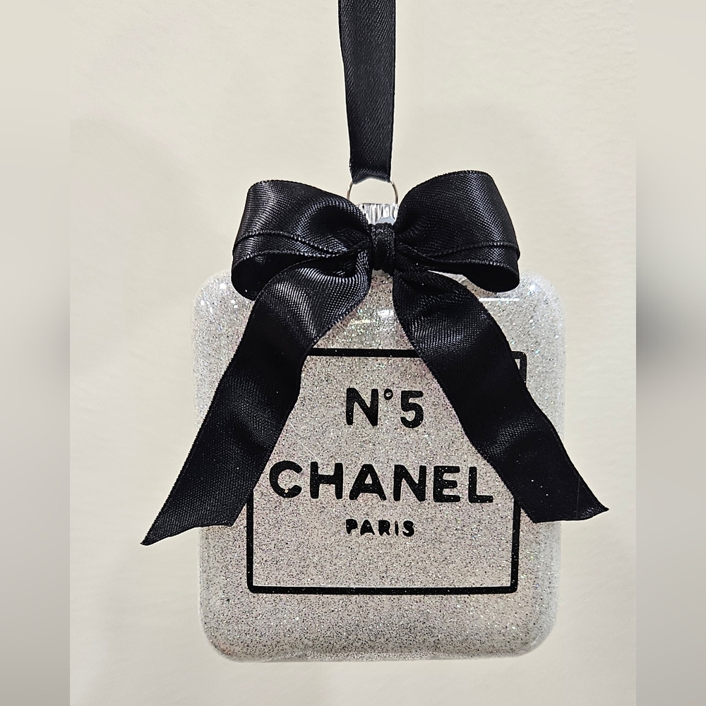 Silver Glitter Ornament with Black Bow - Picture 2 of 2